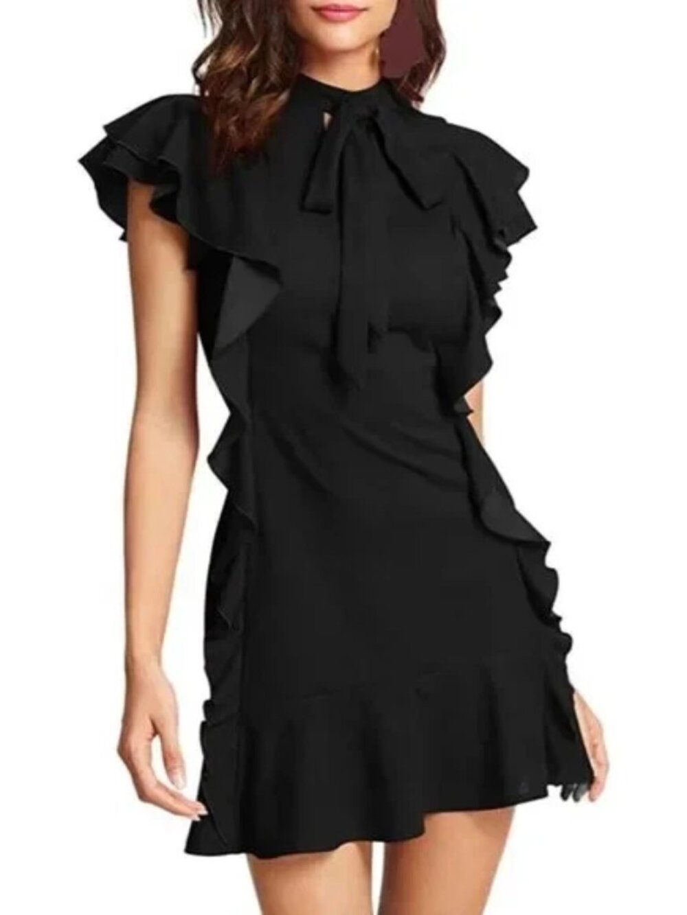 Floerns Black Cocktail Party Dress with Ruffle Hem, Flutter Sleeves & Tie Neck